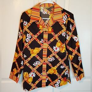 Vintage Alex Colman Groovy 70s Orange Brown Floral Stripes Dagger Collar Shirt